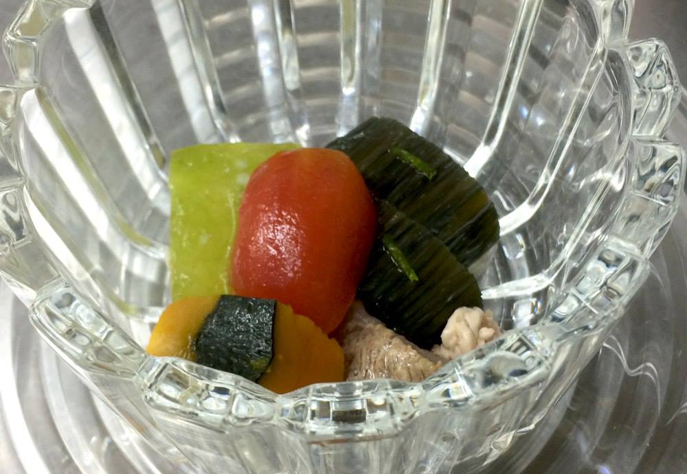 炊き合わせ(冷製) 茄子瑠璃煮、翡翠冬瓜、南瓜、牛筋、トマト